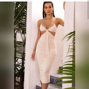 Oh Polly Get the Glow cut out ruched midi dress in cream